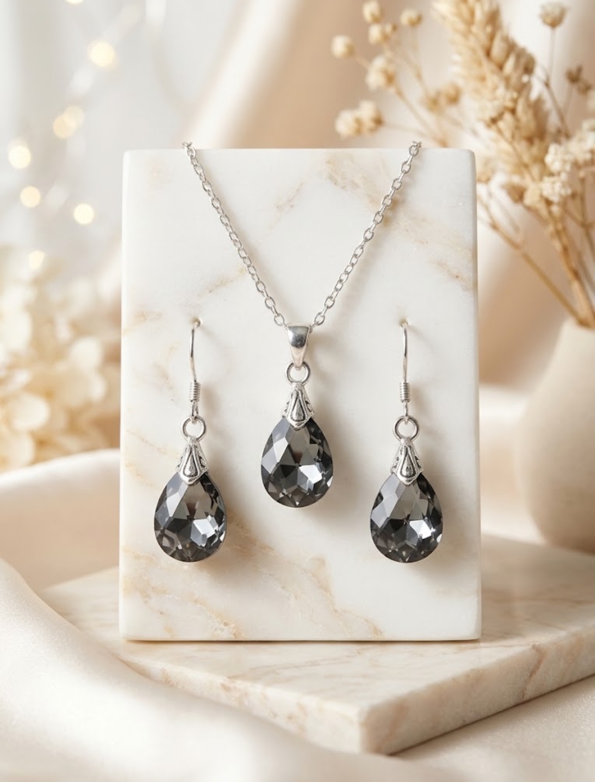 Smoky Quartz CZ Pendant & Earrings Set
