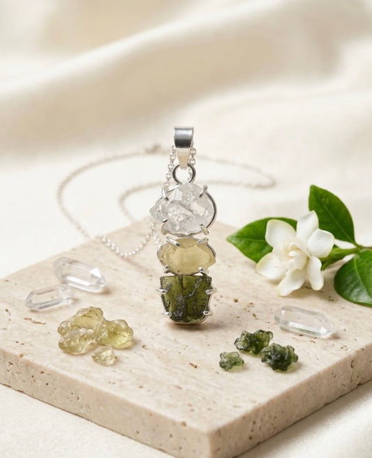 Herkimer Diamond, Libyan Desert Glass & Moldavite Pendant