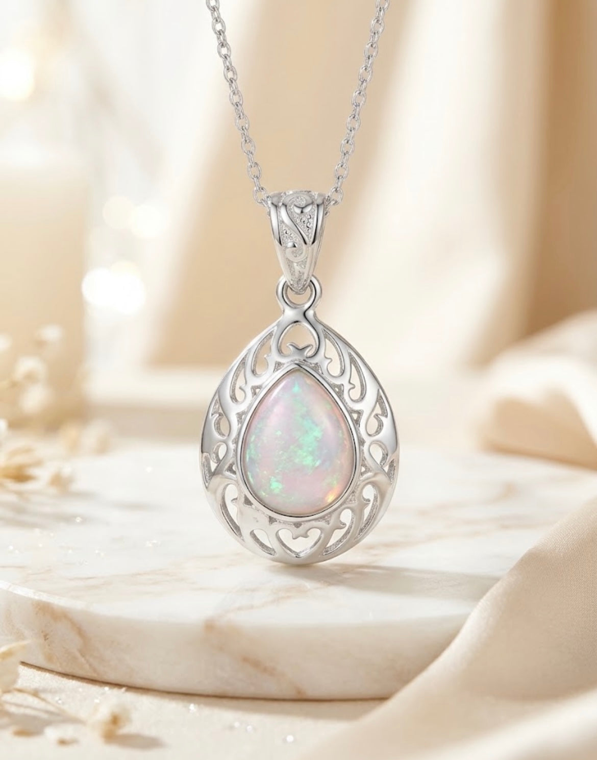 White Opalique Teardrop Pendant