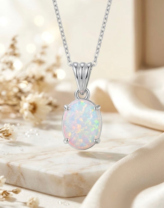 White Opalique Oval Clawed Pendant